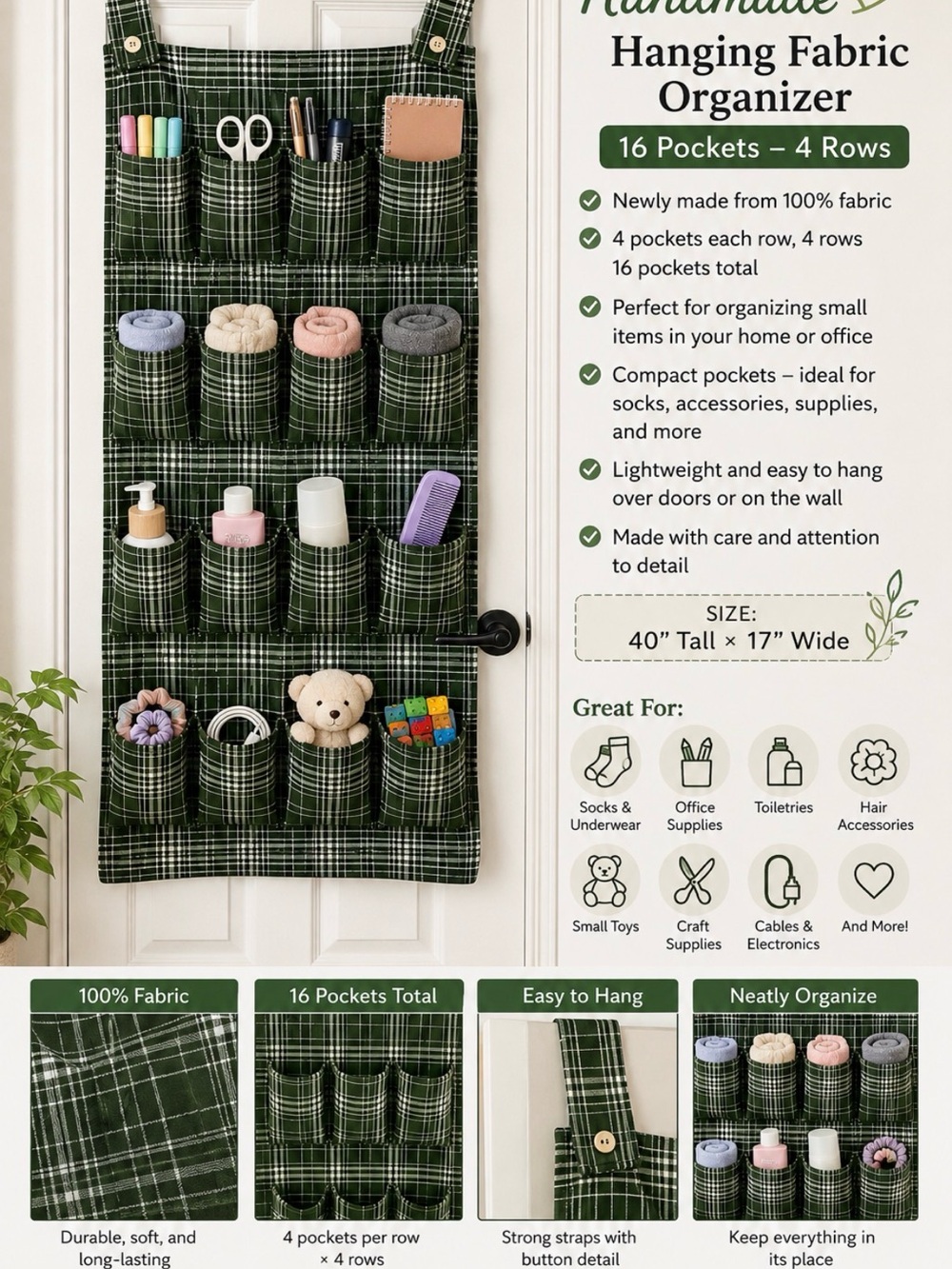 Handmade Hanging Fabric Organizer 16 Pockets